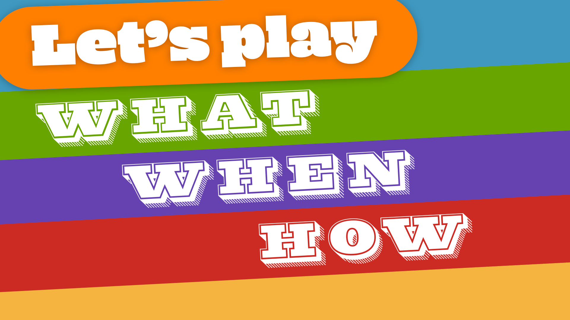 An image with the text "Let's play what, when, how" as part of an attractor screen